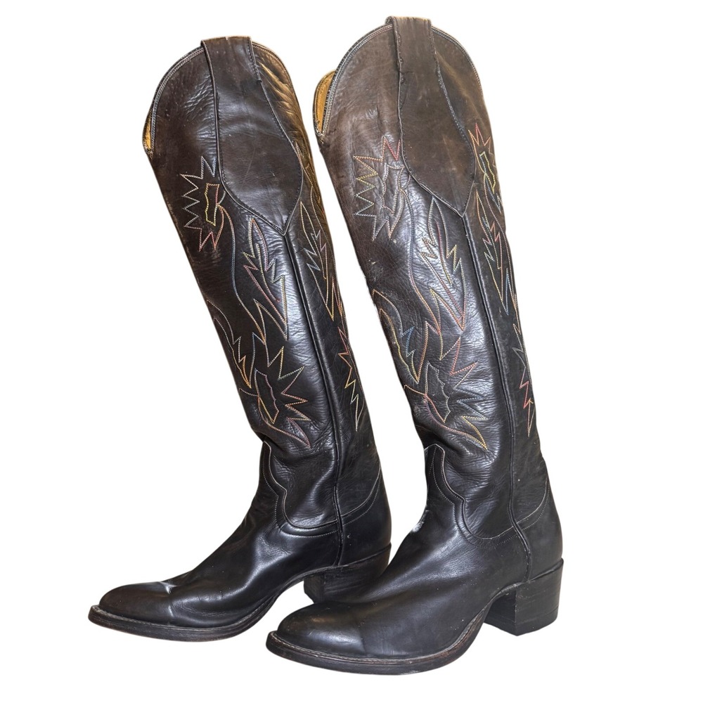 Biltrite Black Leather Rainbow Stitch Tall Western Cowboy Boots Festival Sz 5.5B